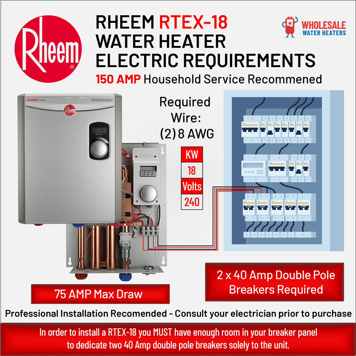 RHEEM RTEX-18 18kw 240v Tankless, Instant Electric Water Heater