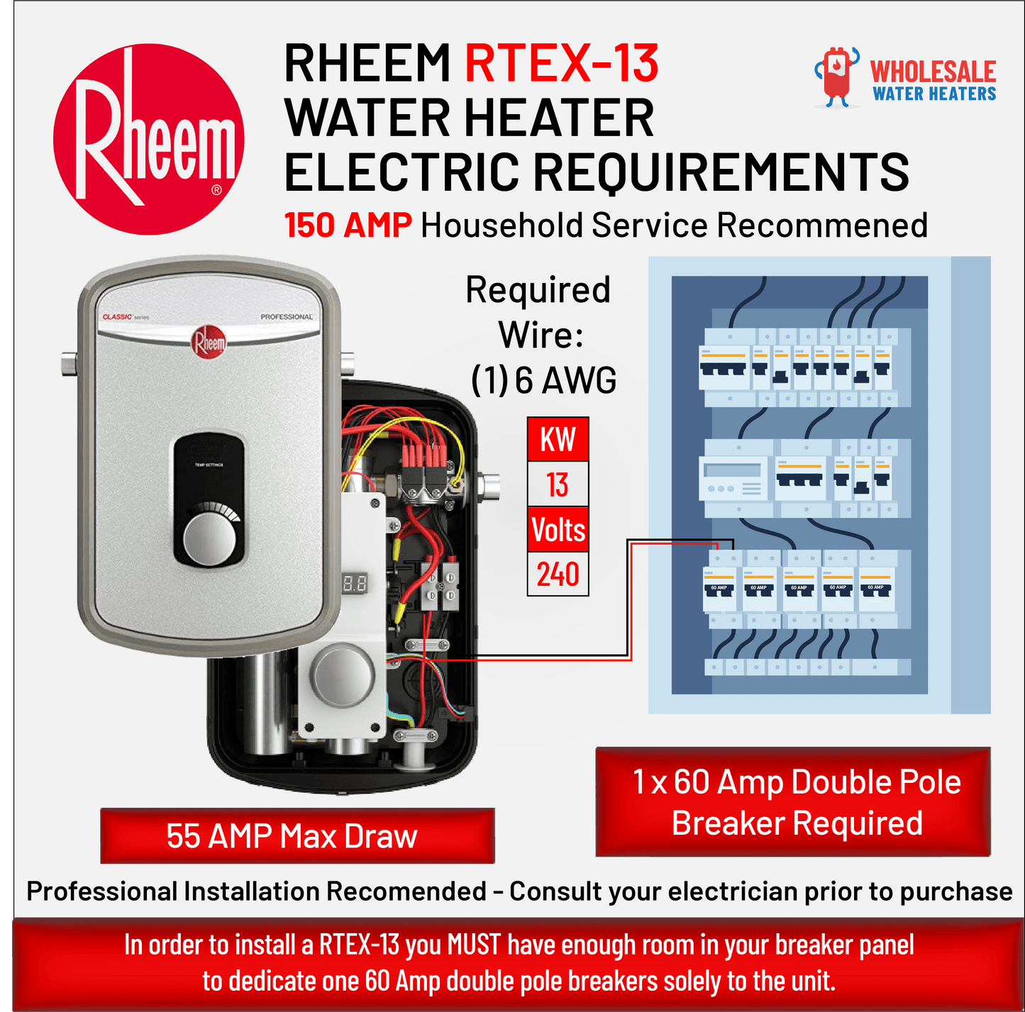 RHEEM RTEX-13 13kw 240v Tankless, Instant Electric Water Heater